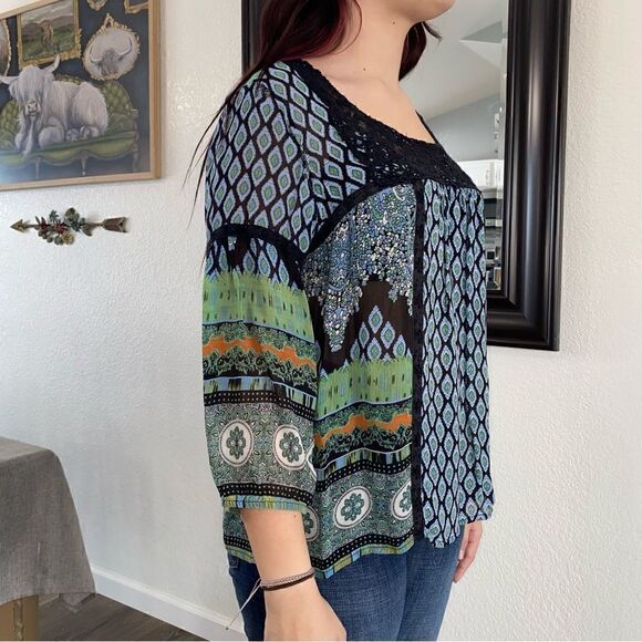 Bila Womens Printed Round Neck 3/4 Sleeve Sheer Embellished Tunic Multicolor XL - Picture 2 of 9